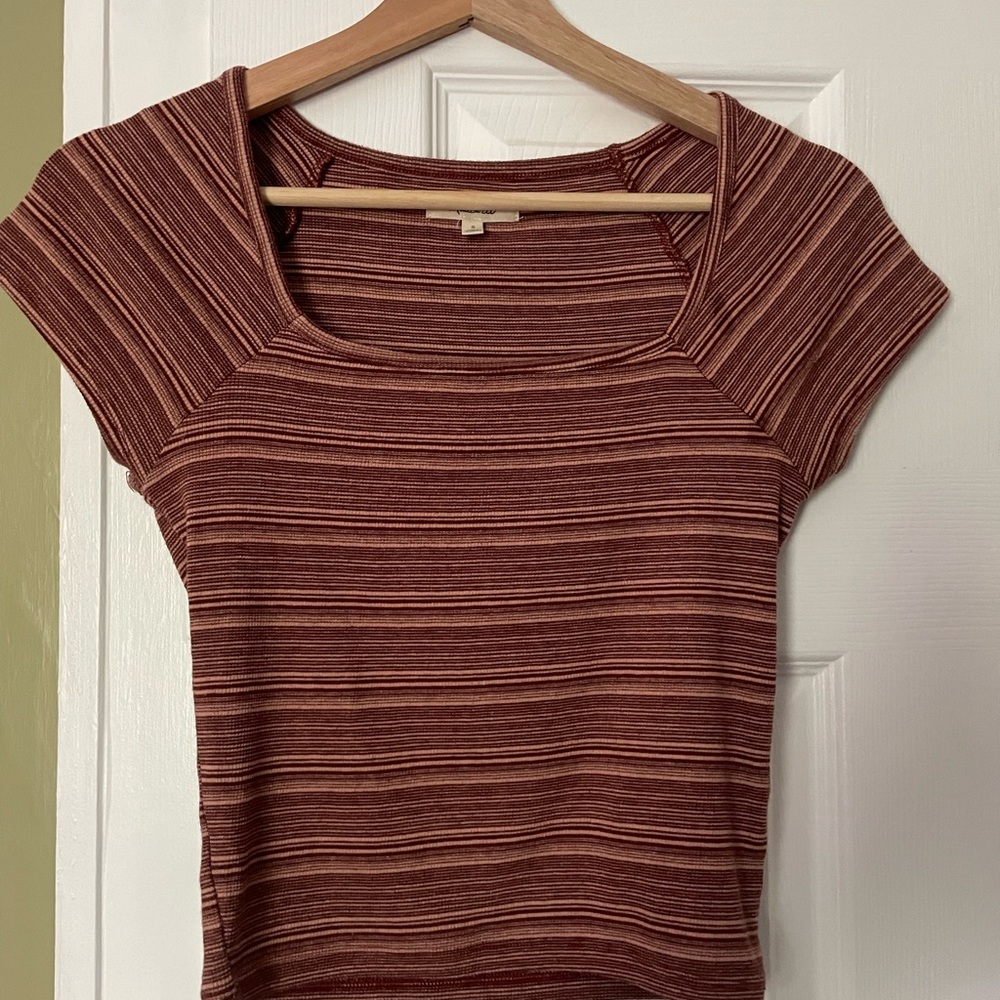 Madewell Rust and Cream Striped Square Neck Short Sleeve Top